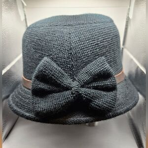 Black Textured Cloche Hat with Bow Accent